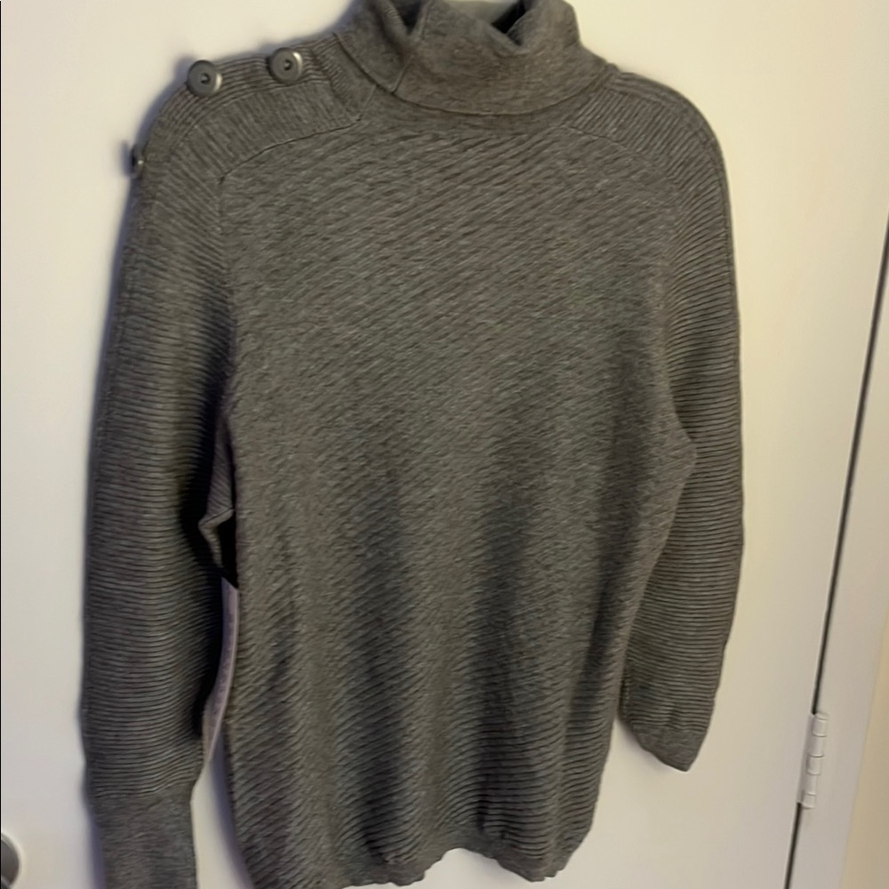 Gray Ribbed Turtleneck Sweater with Button Detail